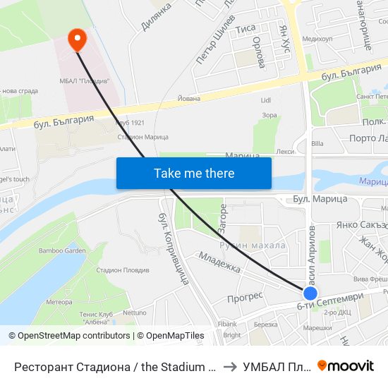 Ресторант Стадиона / the Stadium Restaurant (383) to УМБАЛ Пловдив map