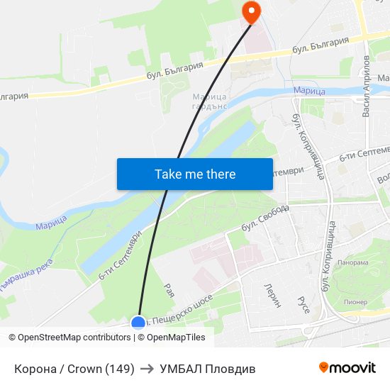 Корона / Crown (149) to УМБАЛ Пловдив map