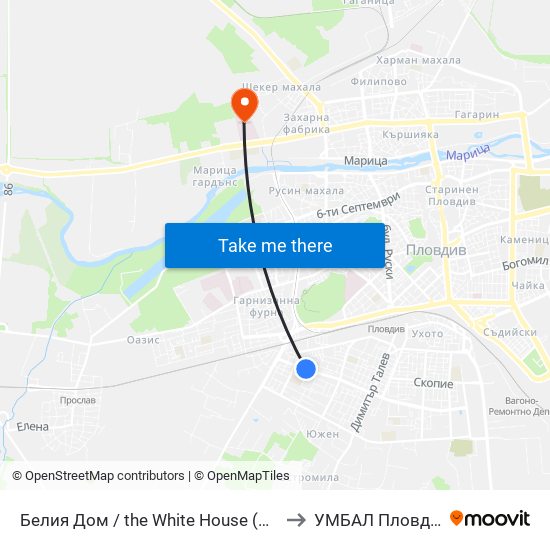 Белия Дом / the White House (201) to УМБАЛ Пловдив map