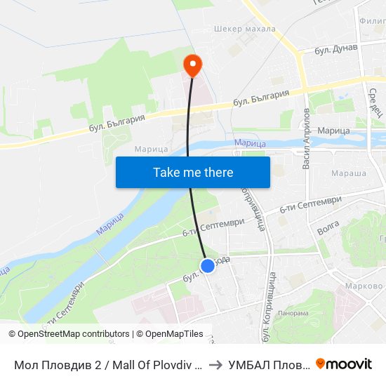 Мол Пловдив 2 / Mall Of Plovdiv 2 (316) to УМБАЛ Пловдив map