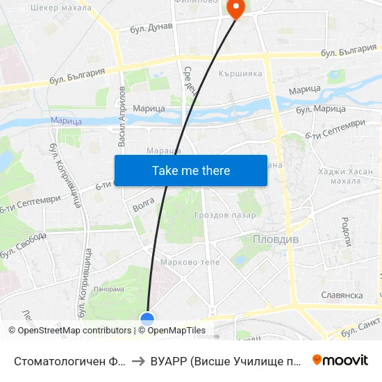 Стоматологичен Факултет / Faculty Of Dentistry to ВУАРР (Висше Училище по Агробизнес и Развитие на Регионите) map