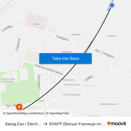 Завод Еаз / Electrical Equipment Plant (226) to ВУАРР (Висше Училище по Агробизнес и Развитие на Регионите) map