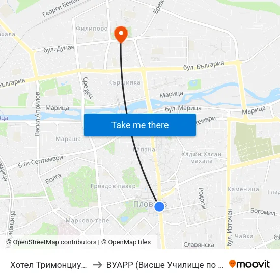 Хотел Тримонциум / Trimonthium Hotel (12) to ВУАРР (Висше Училище по Агробизнес и Развитие на Регионите) map