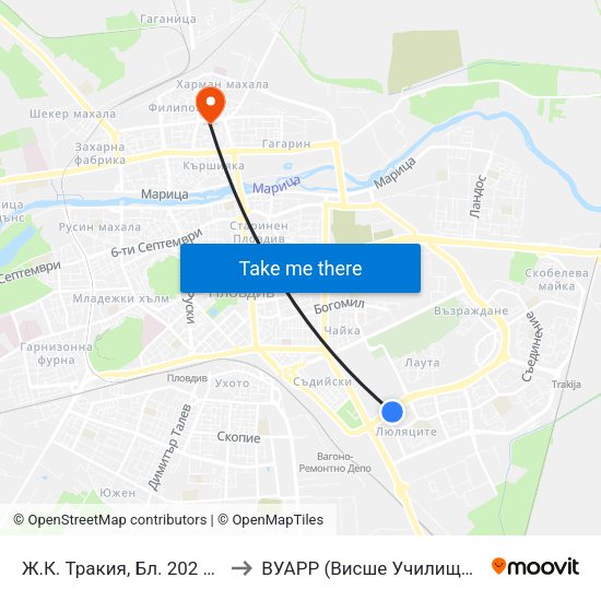 Ж.К. Тракия, Бл. 202 Люляк / Trakiya Qr, Bl. 202 Lyulyak (253) to ВУАРР (Висше Училище по Агробизнес и Развитие на Регионите) map