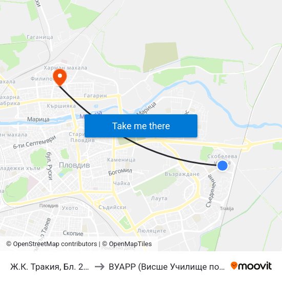 Ж.К. Тракия, Бл. 265 / Trakiya Qr, Bl. 265 (114) to ВУАРР (Висше Училище по Агробизнес и Развитие на Регионите) map