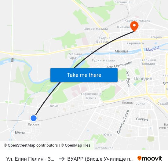 Ул. Елин Пелин - Запад / Elin Pelin St. - West (396) to ВУАРР (Висше Училище по Агробизнес и Развитие на Регионите) map