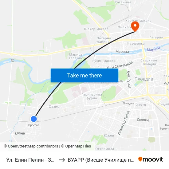 Ул. Елин Пелин - Запад / Elin Pelin St. - West (396) to ВУАРР (Висше Училище по Агробизнес и Развитие на Регионите) map