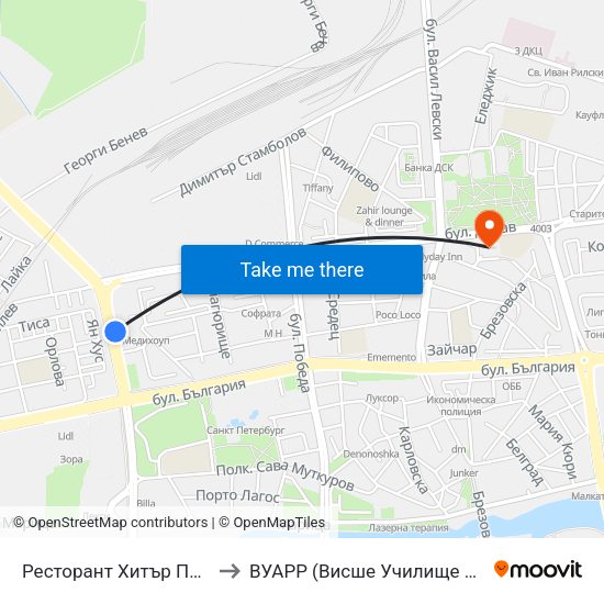 Ресторант Хитър Петър / Hitar Petar Restaurant (452) to ВУАРР (Висше Училище по Агробизнес и Развитие на Регионите) map