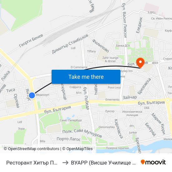 Ресторант Хитър Петър / Hitar Petar Restaurant (443) to ВУАРР (Висше Училище по Агробизнес и Развитие на Регионите) map