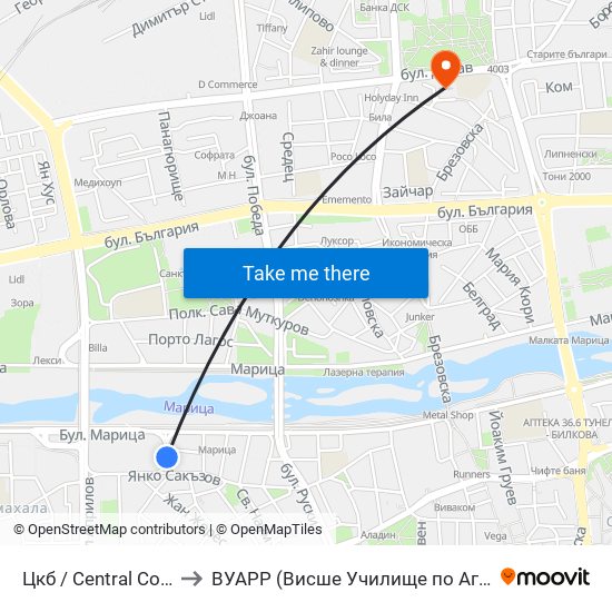 Цкб / Central Cooperative Bank (384) to ВУАРР (Висше Училище по Агробизнес и Развитие на Регионите) map