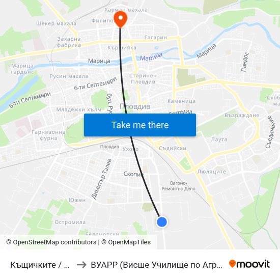 Къщичките / Kashtichkite (425) to ВУАРР (Висше Училище по Агробизнес и Развитие на Регионите) map