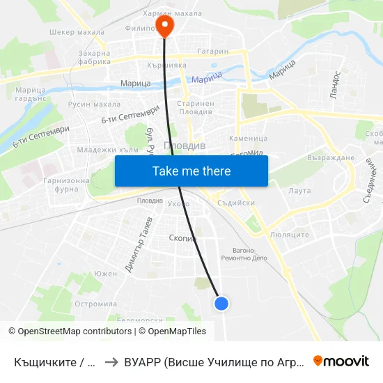 Къщичките / Kashtichkite (425) to ВУАРР (Висше Училище по Агробизнес и Развитие на Регионите) map