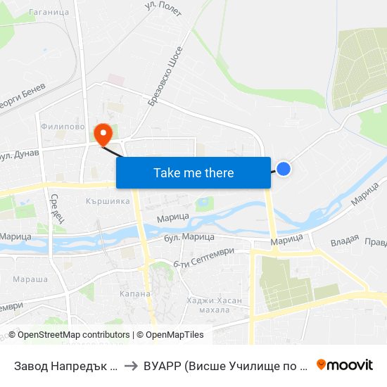 Завод Напредък / Napredak Factory (210) to ВУАРР (Висше Училище по Агробизнес и Развитие на Регионите) map