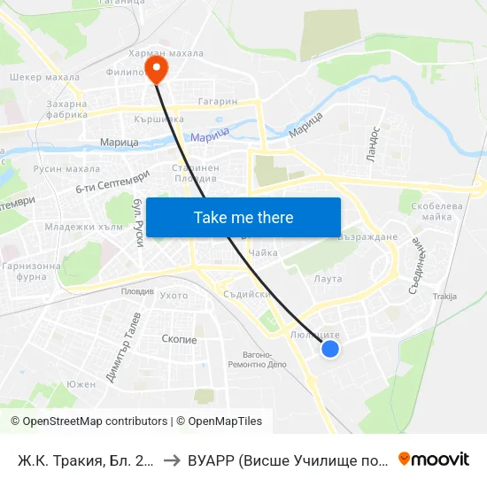 Ж.К. Тракия, Бл. 225 / Trakiya Qr, Bl. 225 (403) to ВУАРР (Висше Училище по Агробизнес и Развитие на Регионите) map