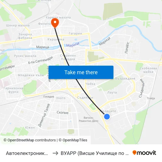 Автоелектроника / Auto Electronics (1028) to ВУАРР (Висше Училище по Агробизнес и Развитие на Регионите) map