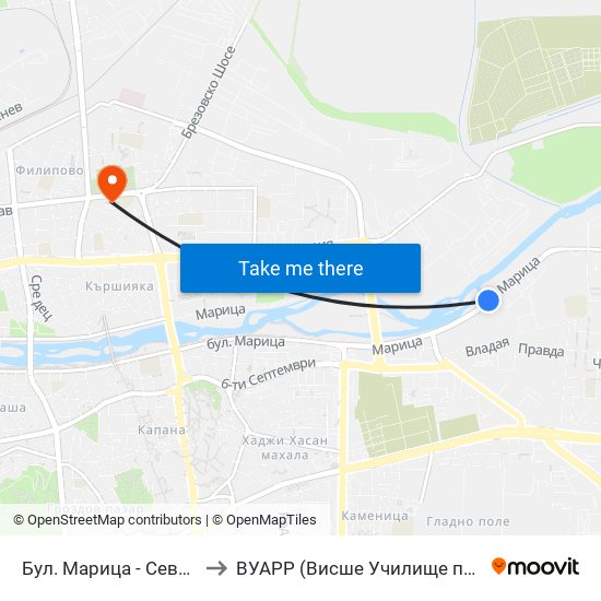 Бул. Марица - Север / Maritsa Blvd - North (412) to ВУАРР (Висше Училище по Агробизнес и Развитие на Регионите) map