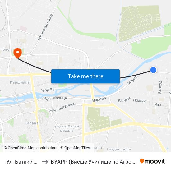 Ул. Батак / Batak St. (408) to ВУАРР (Висше Училище по Агробизнес и Развитие на Регионите) map