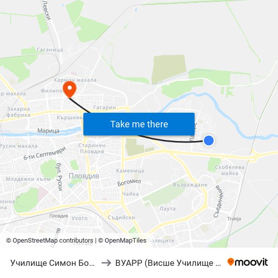 Училище Симон Боливар / Simon Bolivar School (129) to ВУАРР (Висше Училище по Агробизнес и Развитие на Регионите) map