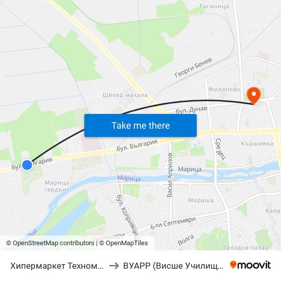 Хипермаркет Техномаркет / Technomarket Hypermarket (336) to ВУАРР (Висше Училище по Агробизнес и Развитие на Регионите) map