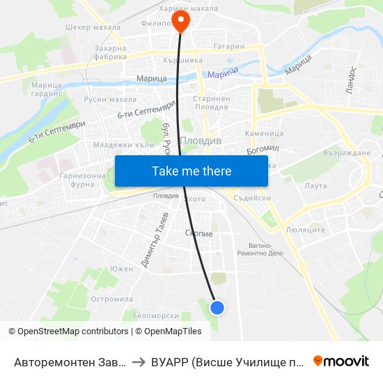 Авторемонтен Завод / Auto Repair Factory (472) to ВУАРР (Висше Училище по Агробизнес и Развитие на Регионите) map