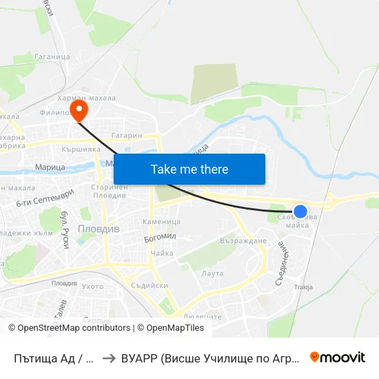 Пътища Ад / Patishta Ad (355) to ВУАРР (Висше Училище по Агробизнес и Развитие на Регионите) map