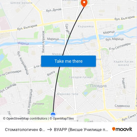 Стоматологичен Факултет / Faculty Of Dentistry to ВУАРР (Висше Училище по Агробизнес и Развитие на Регионите) map
