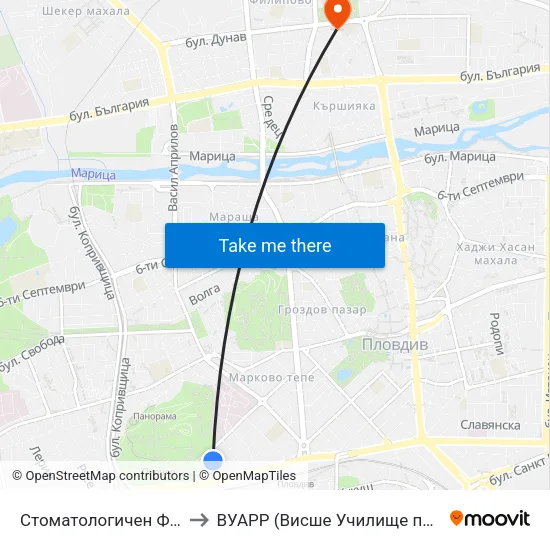 Стоматологичен Факултет / Faculty Of Dentistry to ВУАРР (Висше Училище по Агробизнес и Развитие на Регионите) map
