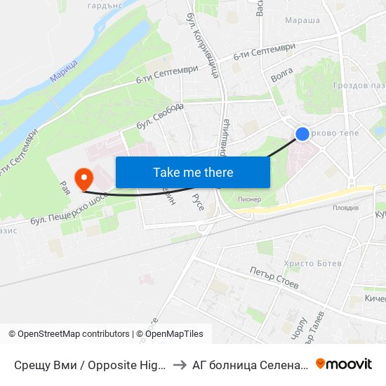 Срещу Вми / Opposite Higher Medical Institute (169) to АГ болница Селена (AG bolnitsa Selena) map