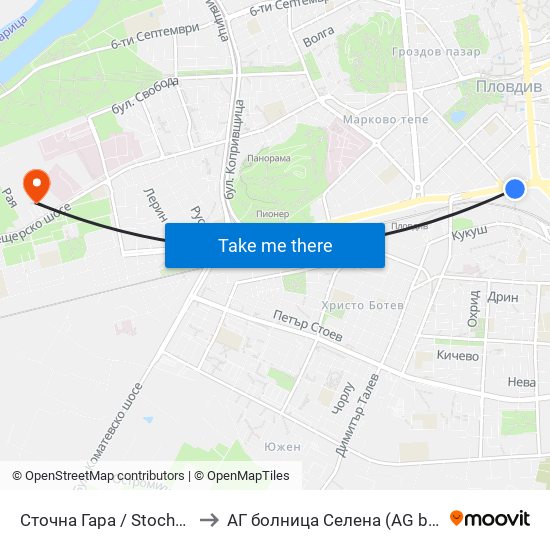 Сточна Гара / Stochna Gara (43) to АГ болница Селена (AG bolnitsa Selena) map