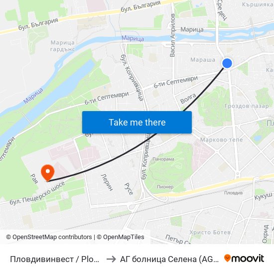 Пловдивинвест / Plovdivinvest (293) to АГ болница Селена (AG bolnitsa Selena) map
