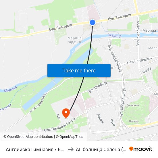 Английска Гимназия / English High School (95) to АГ болница Селена (AG bolnitsa Selena) map