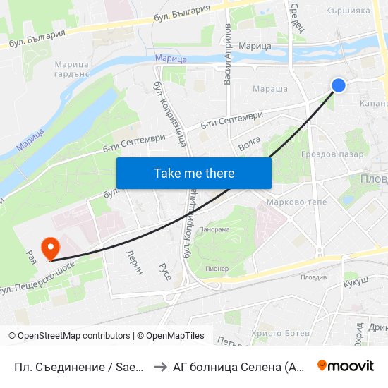 Пл. Съединение / Saedinenie Sq. (141) to АГ болница Селена (AG bolnitsa Selena) map