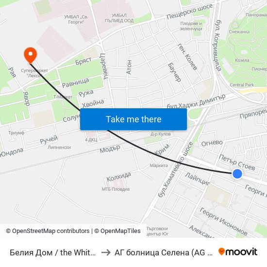 Белия Дом / the White House (201) to АГ болница Селена (AG bolnitsa Selena) map