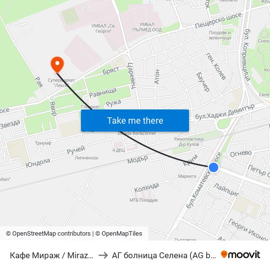 Кафе Мираж / Mirazh Cafe (191) to АГ болница Селена (AG bolnitsa Selena) map