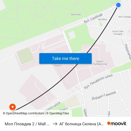 Мол Пловдив 2 / Mall Of Plovdiv 2 (316) to АГ болница Селена (AG bolnitsa Selena) map