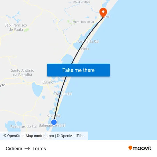 Cidreira to Torres map