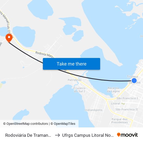 Rodoviária De Tramandaí to Ufrgs Campus Litoral Norte map