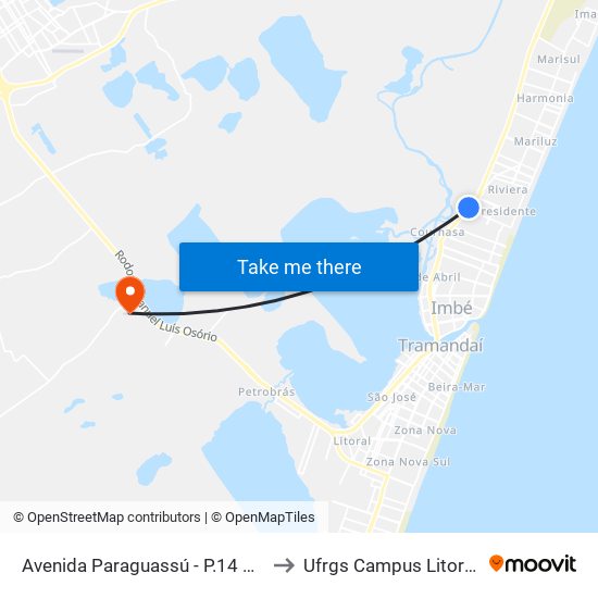 Avenida Paraguassú - P.14 Presidente to Ufrgs Campus Litoral Norte map