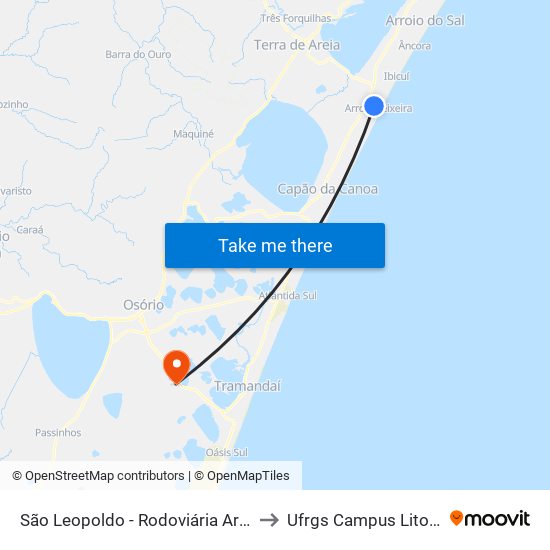 São Leopoldo - Rodoviária Arroio Teixeira to Ufrgs Campus Litoral Norte map