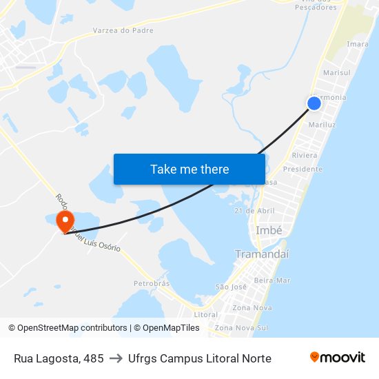 Rua Lagosta, 485 to Ufrgs Campus Litoral Norte map