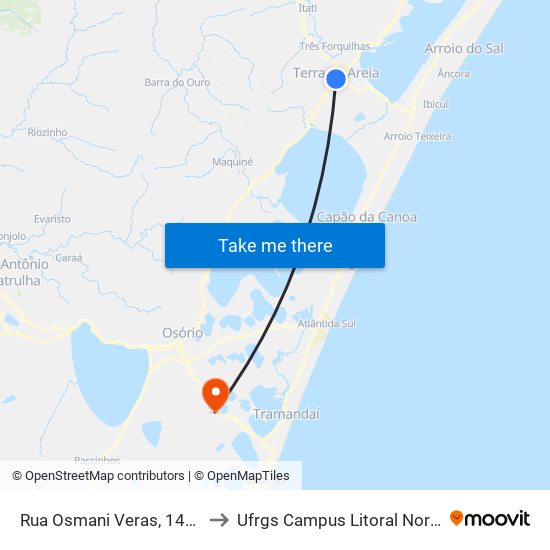 Rua Osmani Veras, 1488 to Ufrgs Campus Litoral Norte map