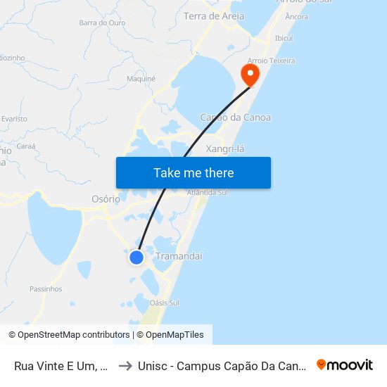Rua Vinte E Um, 24 to Unisc - Campus Capão Da Canoa map