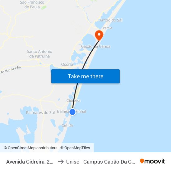 Avenida Cidreira, 2873 to Unisc - Campus Capão Da Canoa map