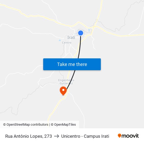 Rua Antônio Lopes, 273 to Unicentro - Campus Irati map