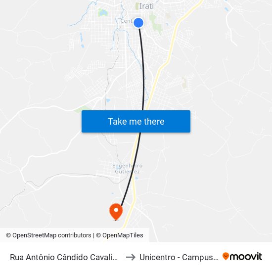 Rua Antônio Cândido Cavalim, 454 to Unicentro - Campus Irati map