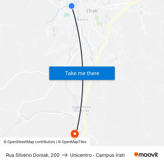 Rua Silvério Doniak, 200 to Unicentro - Campus Irati map