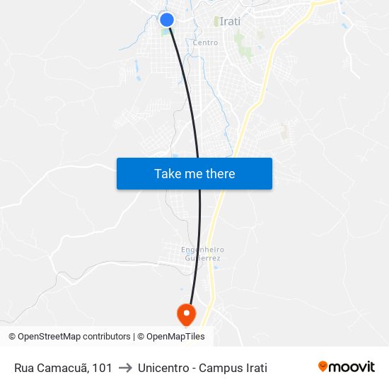 Rua Camacuã, 101 to Unicentro - Campus Irati map