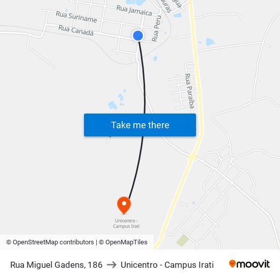 Rua Miguel Gadens, 186 to Unicentro - Campus Irati map