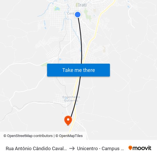 Rua Antônio Cândido Cavalim, 454 to Unicentro - Campus De Irati map