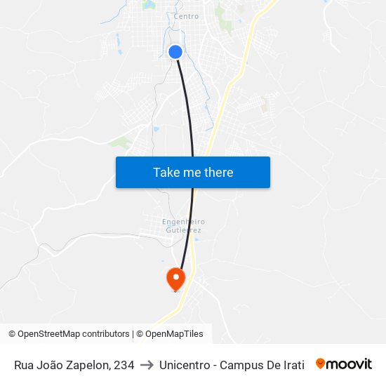 Rua João Zapelon, 234 to Unicentro - Campus De Irati map